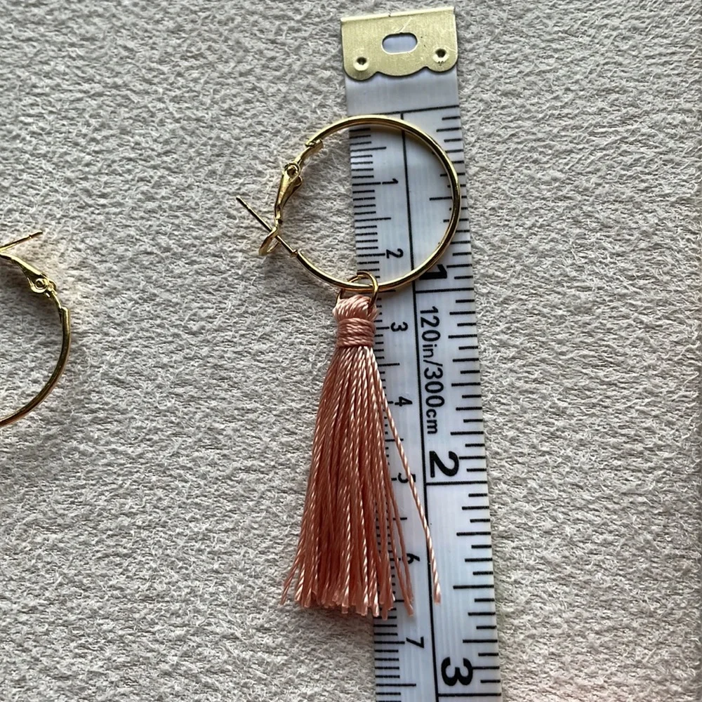 Gold hoop + pink tassel earrings